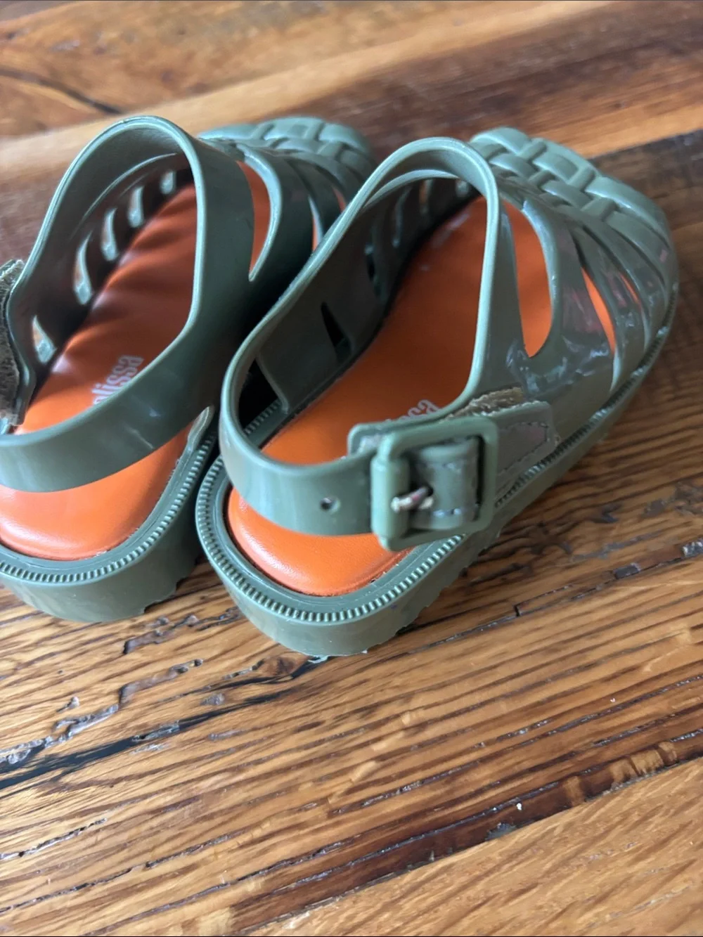 Mini Melissa Olive Green Jelly Sandals with Orange Footbed size 6